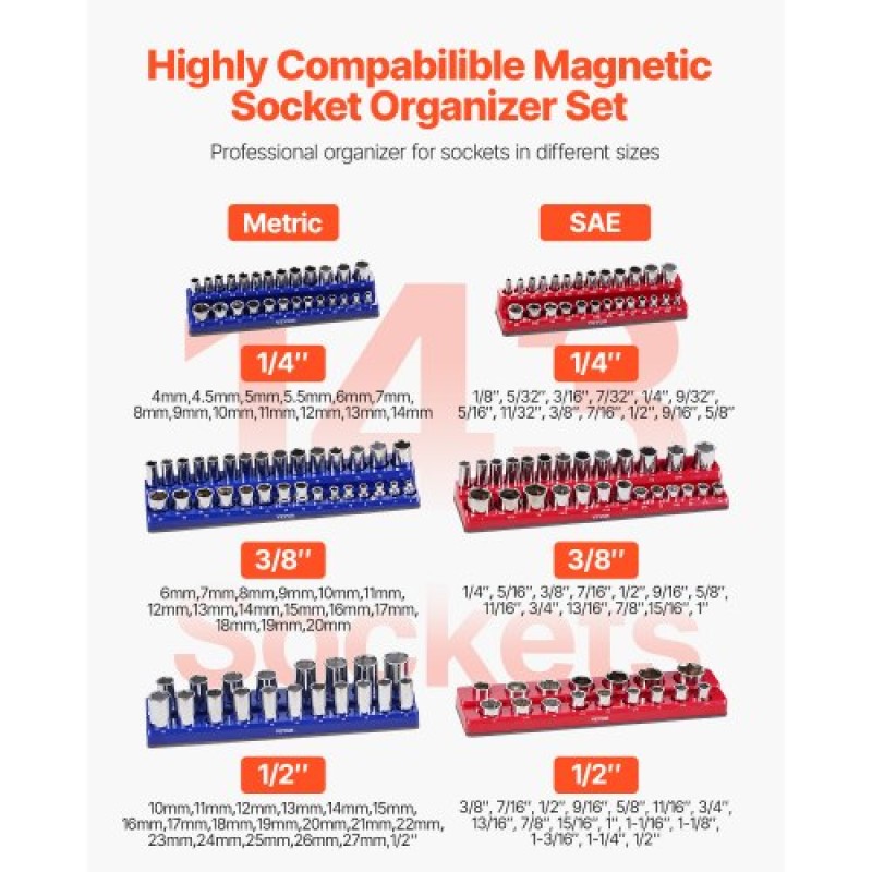 VEVOR Magnetic Socket Organizer Set, 6PCS Socket Holder, 1/4'', 3/8'' & 1/2'' Metric Socket Trays SAE with Clear Labels, Hold to 143PCS Standard & Deep Sockets, Blue & Red (Δεν περιλαμβάνονται οι πρίζες)