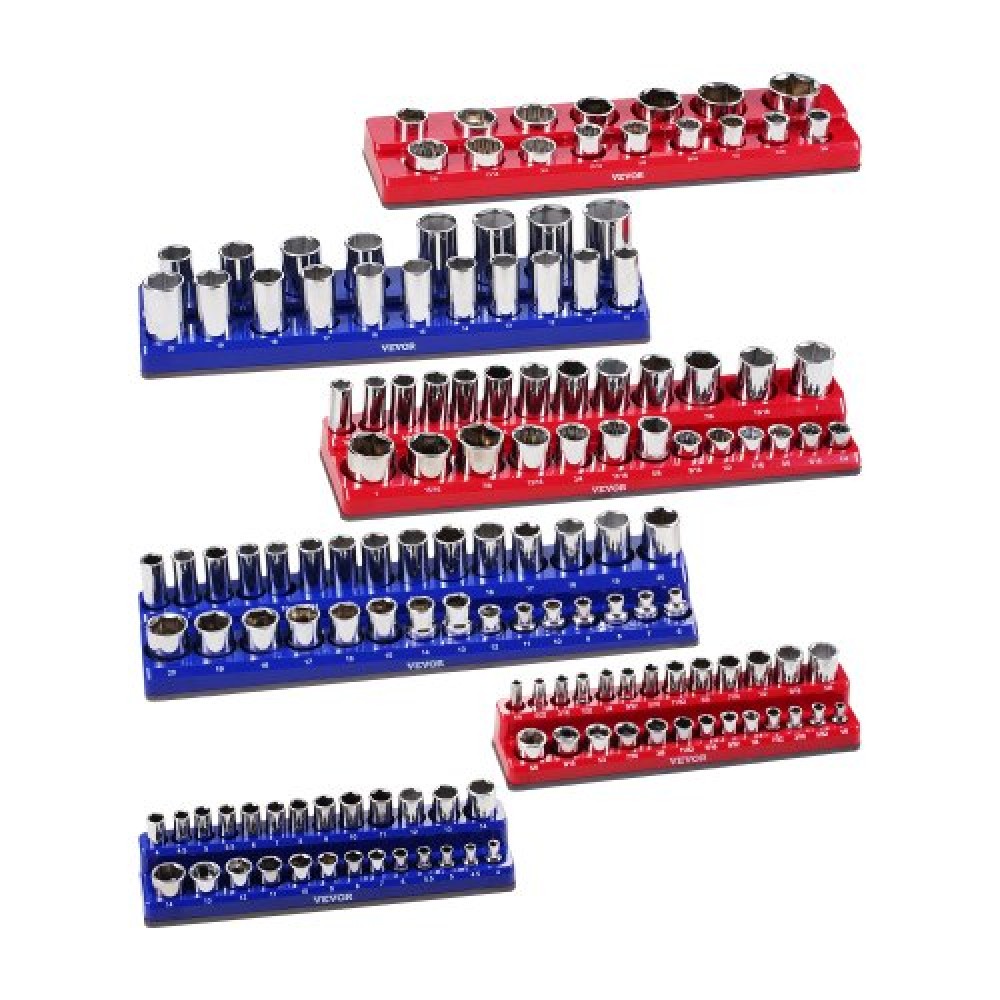 VEVOR Magnetic Socket Organizer Set, 6PCS Socket Holder, 1/4'', 3/8'' & 1/2'' Metric Socket Trays SAE with Clear Labels, Hold to 143PCS Standard & Deep Sockets, Blue & Red (Δεν περιλαμβάνονται οι πρίζες)