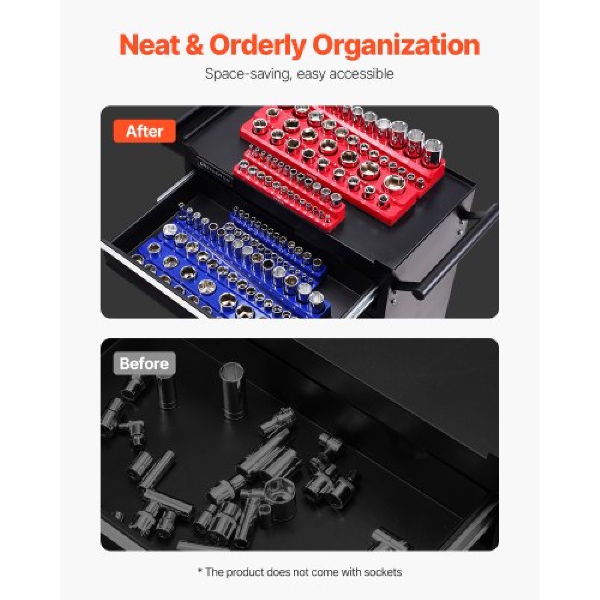 VEVOR Magnetic Socket Organizer Set, 6PCS Socket Holder, 1/4'', 3/8'' & 1/2'' Metric Socket Trays SAE with Clear Labels, Hold to 143PCS Standard & Deep Sockets, Blue & Red (Δεν περιλαμβάνονται οι πρίζες)
