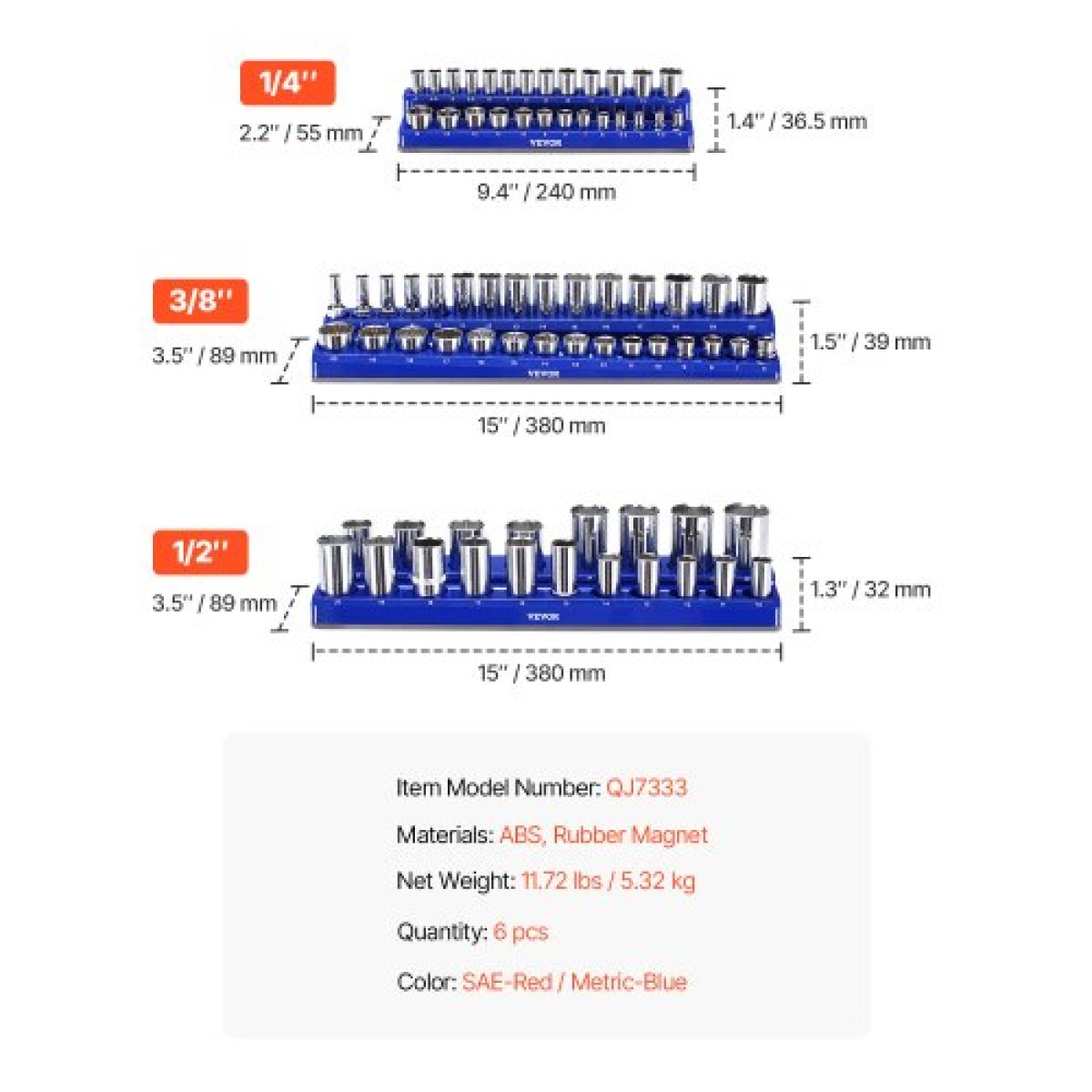 VEVOR Magnetic Socket Organizer Set, 6PCS Socket Holder, 1/4'', 3/8'' & 1/2'' Metric Socket Trays SAE with Clear Labels, Hold to 143PCS Standard & Deep Sockets, Blue & Red (Δεν περιλαμβάνονται οι πρίζες)