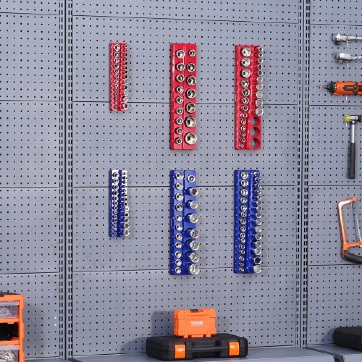 VEVOR Magnetic Socket Organizer Set, 6PCS Socket Holder, 1/4'', 3/8'' & 1/2'' Metric Socket Trays SAE with Clear Labels, Hold to 143PCS Standard & Deep Sockets, Blue & Red (Δεν περιλαμβάνονται οι πρίζες)