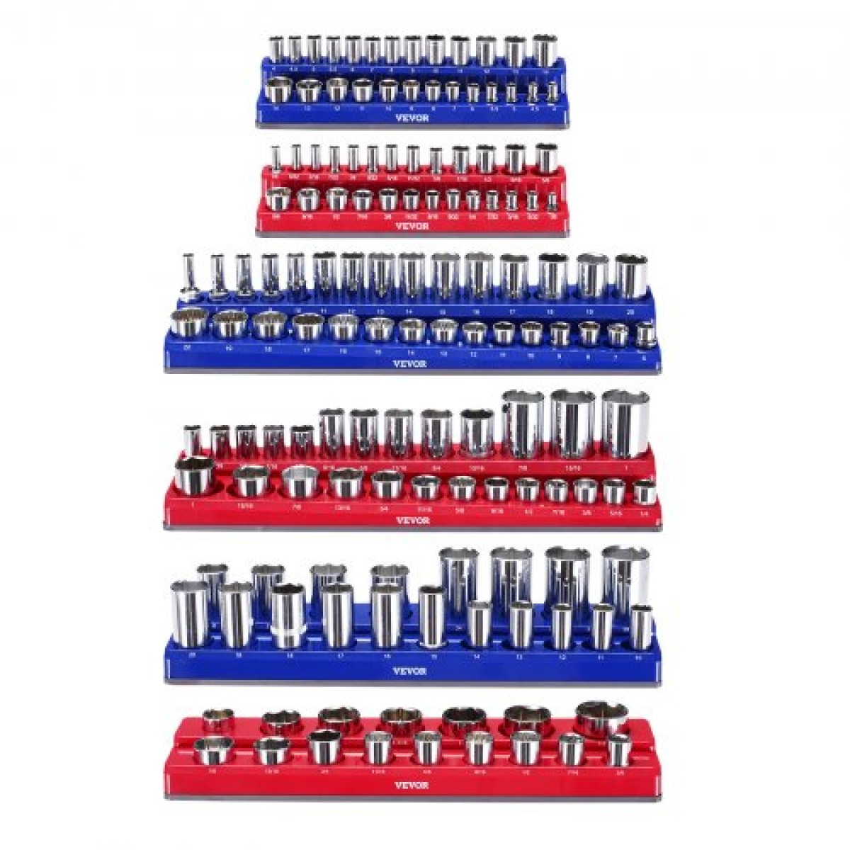 VEVOR Magnetic Socket Organizer Set, 6PCS Socket Holder, 1/4'', 3/8'' & 1/2'' Metric Socket Trays SAE with Clear Labels, Hold to 143PCS Standard & Deep Sockets, Blue & Red (Δεν περιλαμβάνονται οι πρίζες)
