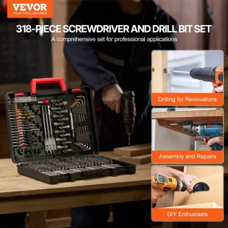 Σετ τρυπανιών VEVOR, Σετ τρυπανιών και οδηγών 318 τεμαχίων, Σετ μύτες κατσαβιδιού Κατάλληλο για τρύπημα τσιμέντου ξύλου και βίδωμα, σετ τρυπανιών Combo Kit Ποικιλία σε οργανωμένη θήκη μεταφοράς