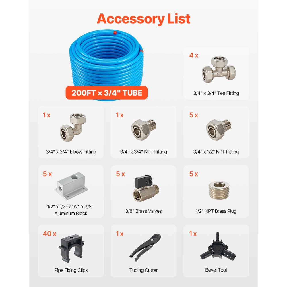 VEVOR Air Compressor Line Kit, 200FT x 3/4", Σύστημα σωληνώσεων πεπιεσμένου αέρα από HDPE-αλουμίνιο, στεγανό & εύκολο στην εγκατάσταση, κιτ σωλήνων γραμμής πεπιεσμένου αέρα για συνεργεία γκαράζ, μπλε