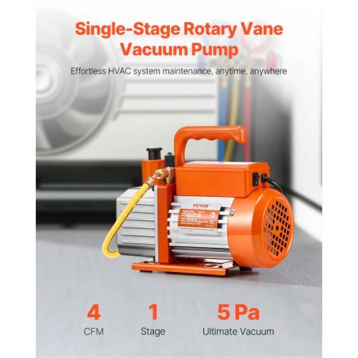 Αντλία κενού VEVOR, 113 L/min (4 CFM), Περιστροφική αντλία κενού HVAC μονοβάθμιου πτερυγίου, για συστήματα R134a R22 R410a, κιτ αυτόματης αντλίας κενού εναλλασσόμενου ρεύματος με φιάλη λαδιού, για απαέρωση ρητίνης συντήρησης κλιματιστικών αυτοκινήτων