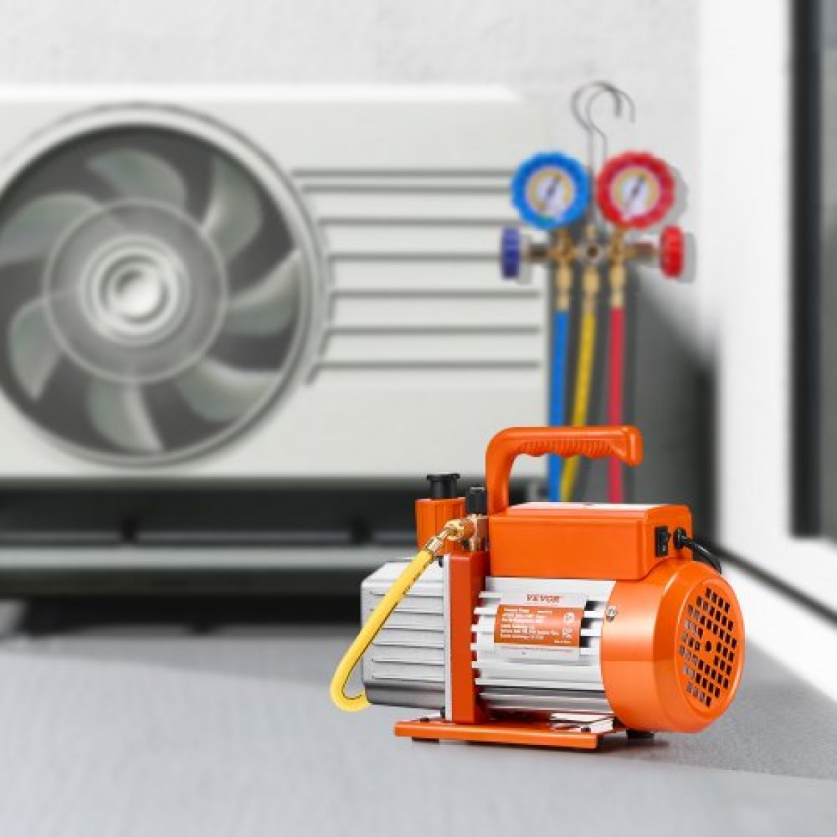 Αντλία κενού VEVOR, 113 L/min (4 CFM), Περιστροφική αντλία κενού HVAC μονοβάθμιου πτερυγίου, για συστήματα R134a R22 R410a, κιτ αυτόματης αντλίας κενού εναλλασσόμενου ρεύματος με φιάλη λαδιού, για απαέρωση ρητίνης συντήρησης κλιματιστικών αυτοκινήτων