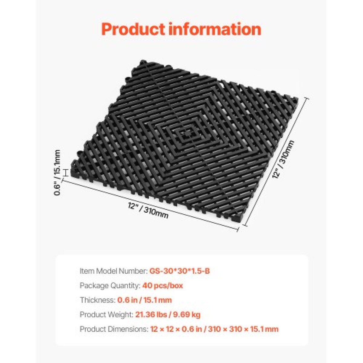 VEVOR Interlocking Drinage Mat, 12" x 12" Modular Interlocking Cushion, 40 Pcs Spicing Dranage Mats, Αντιολισθητικό Μαύρο PP Πλακάκι δαπέδου αποστράγγισης και Χαλάκι ντους, για γκαράζ, κήπο, κουζίνα και εξωτερικό χώρο