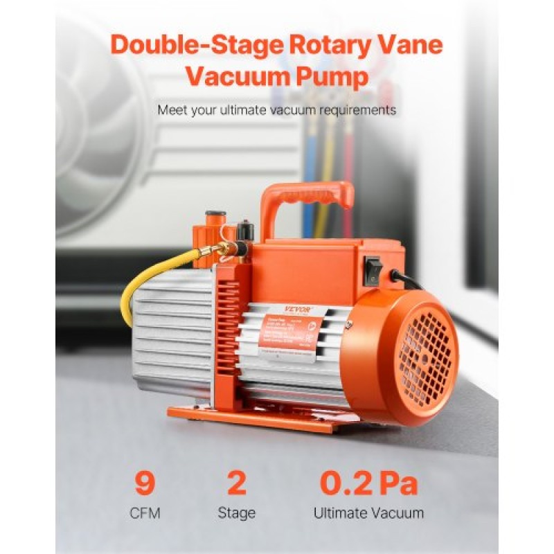 Αντλία κενού VEVOR, 254 L/min (9 CFM), Περιστροφική αντλία κενού με πτερύγια HVAC 2 σταδίων, για συστήματα R134a R22 R410a, Κιτ αντλίας κενού Auto AC με φιάλη λαδιού, για συντήρηση κλιματιστικών αυτοκινήτων Απαέρωση ρητίνης