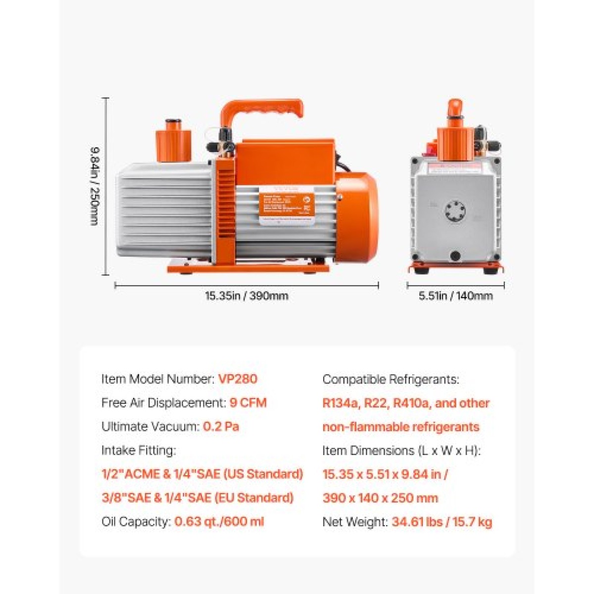 Αντλία κενού VEVOR, 254 L/min (9 CFM), Περιστροφική αντλία κενού με πτερύγια HVAC 2 σταδίων, για συστήματα R134a R22 R410a, Κιτ αντλίας κενού Auto AC με φιάλη λαδιού, για συντήρηση κλιματιστικών αυτοκινήτων Απαέρωση ρητίνης