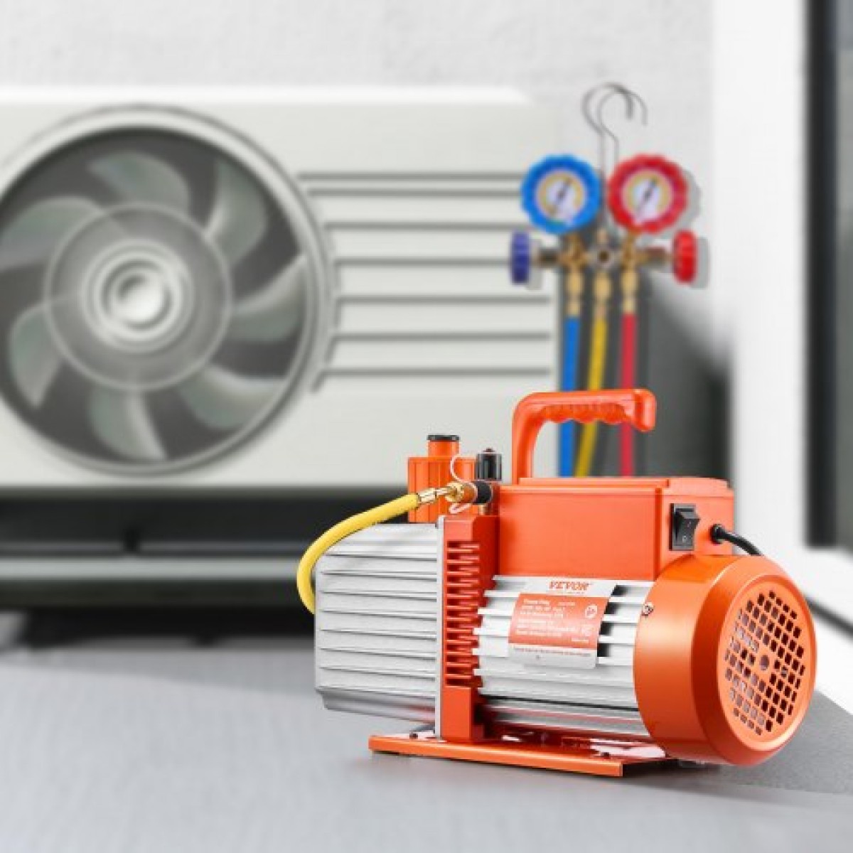 Αντλία κενού VEVOR, 254 L/min (9 CFM), Περιστροφική αντλία κενού με πτερύγια HVAC 2 σταδίων, για συστήματα R134a R22 R410a, Κιτ αντλίας κενού Auto AC με φιάλη λαδιού, για συντήρηση κλιματιστικών αυτοκινήτων Απαέρωση ρητίνης