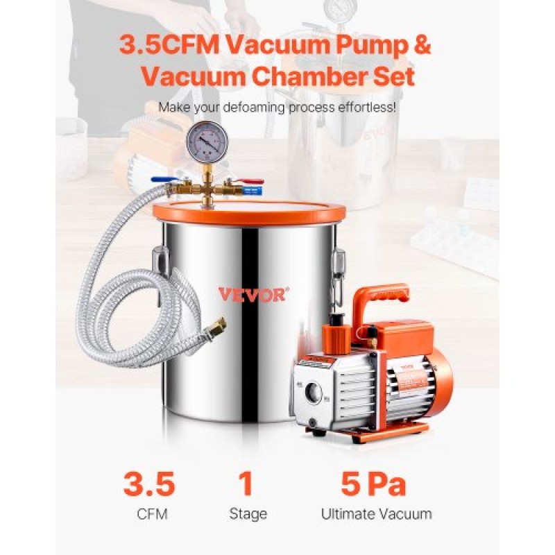 VEVOR 19 L(5 Gallon) Θάλαμος κενού και κιτ αντλίας 100 L/min (3,5 CFM), Θάλαμος από ανοξείδωτο χάλυβα, Κιτ θαλάμου απαέρωσης αντλίας κενού μονού σταδίου, με ακρυλικό καπάκι, λάδι, σωλήνας 1,5 m (4,92 πόδια), για Siliconessing Residence