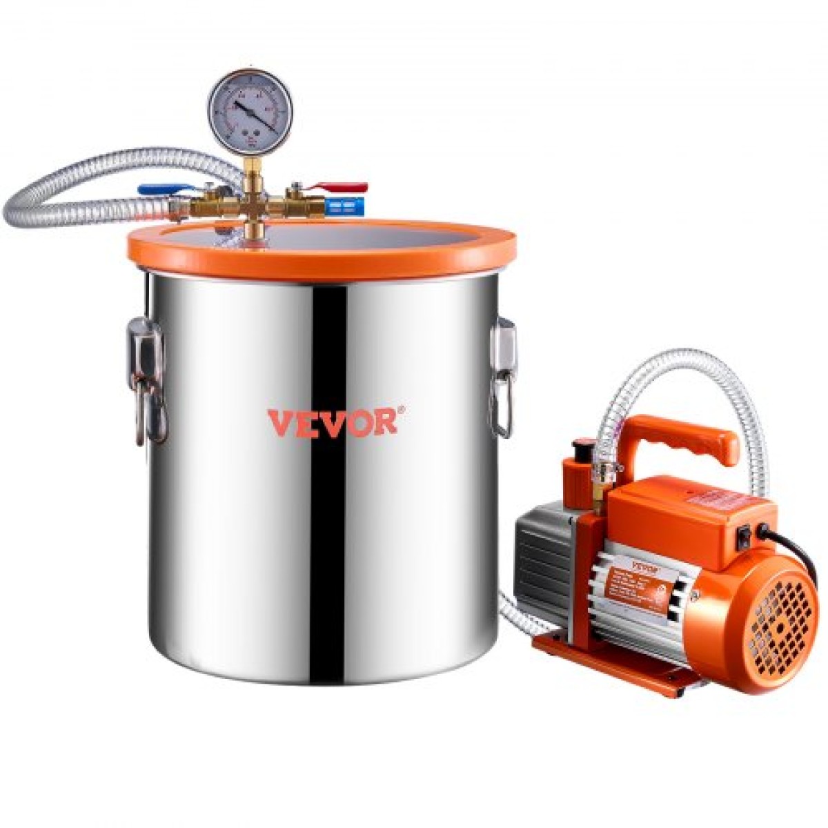 VEVOR 19 L(5 Gallon) Θάλαμος κενού και κιτ αντλίας 100 L/min (3,5 CFM), Θάλαμος από ανοξείδωτο χάλυβα, Κιτ θαλάμου απαέρωσης αντλίας κενού μονού σταδίου, με ακρυλικό καπάκι, λάδι, σωλήνας 1,5 m (4,92 πόδια), για Siliconessing Residence