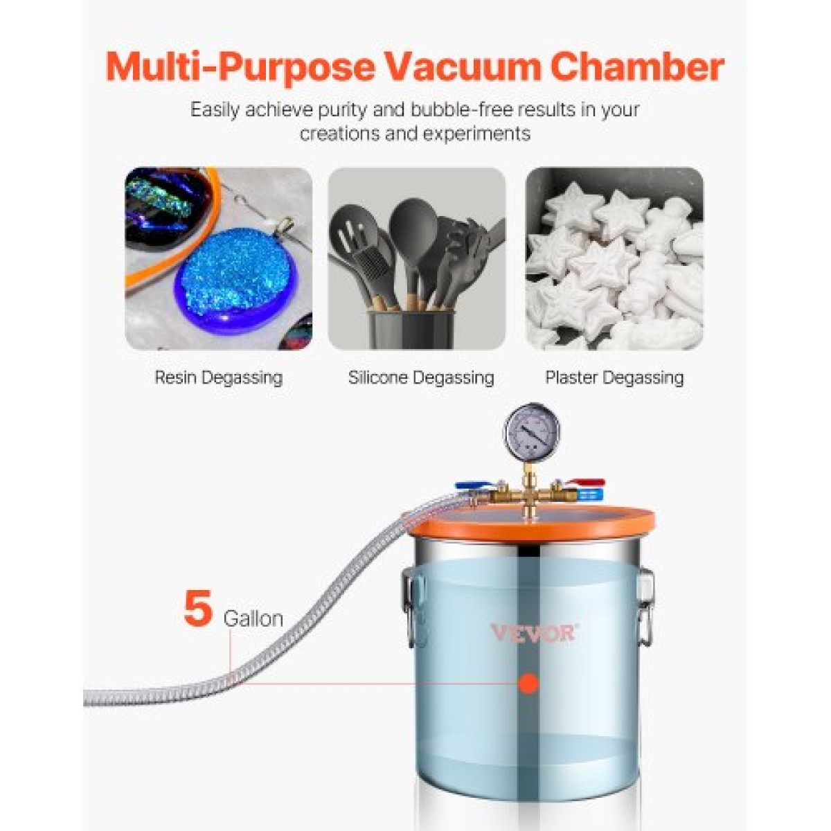 VEVOR 19 L(5 Gallon) Θάλαμος κενού και κιτ αντλίας 100 L/min (3,5 CFM), Θάλαμος από ανοξείδωτο χάλυβα, Κιτ θαλάμου απαέρωσης αντλίας κενού μονού σταδίου, με ακρυλικό καπάκι, λάδι, σωλήνας 1,5 m (4,92 πόδια), για Siliconessing Residence