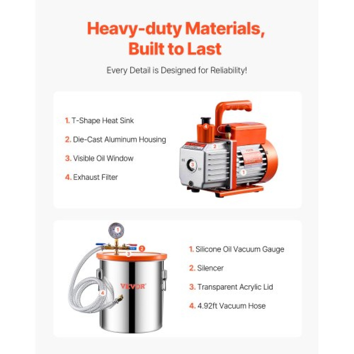 VEVOR 19 L(5 Gallon) Θάλαμος κενού και κιτ αντλίας 100 L/min (3,5 CFM), Θάλαμος από ανοξείδωτο χάλυβα, Κιτ θαλάμου απαέρωσης αντλίας κενού μονού σταδίου, με ακρυλικό καπάκι, λάδι, σωλήνας 1,5 m (4,92 πόδια), για Siliconessing Residence