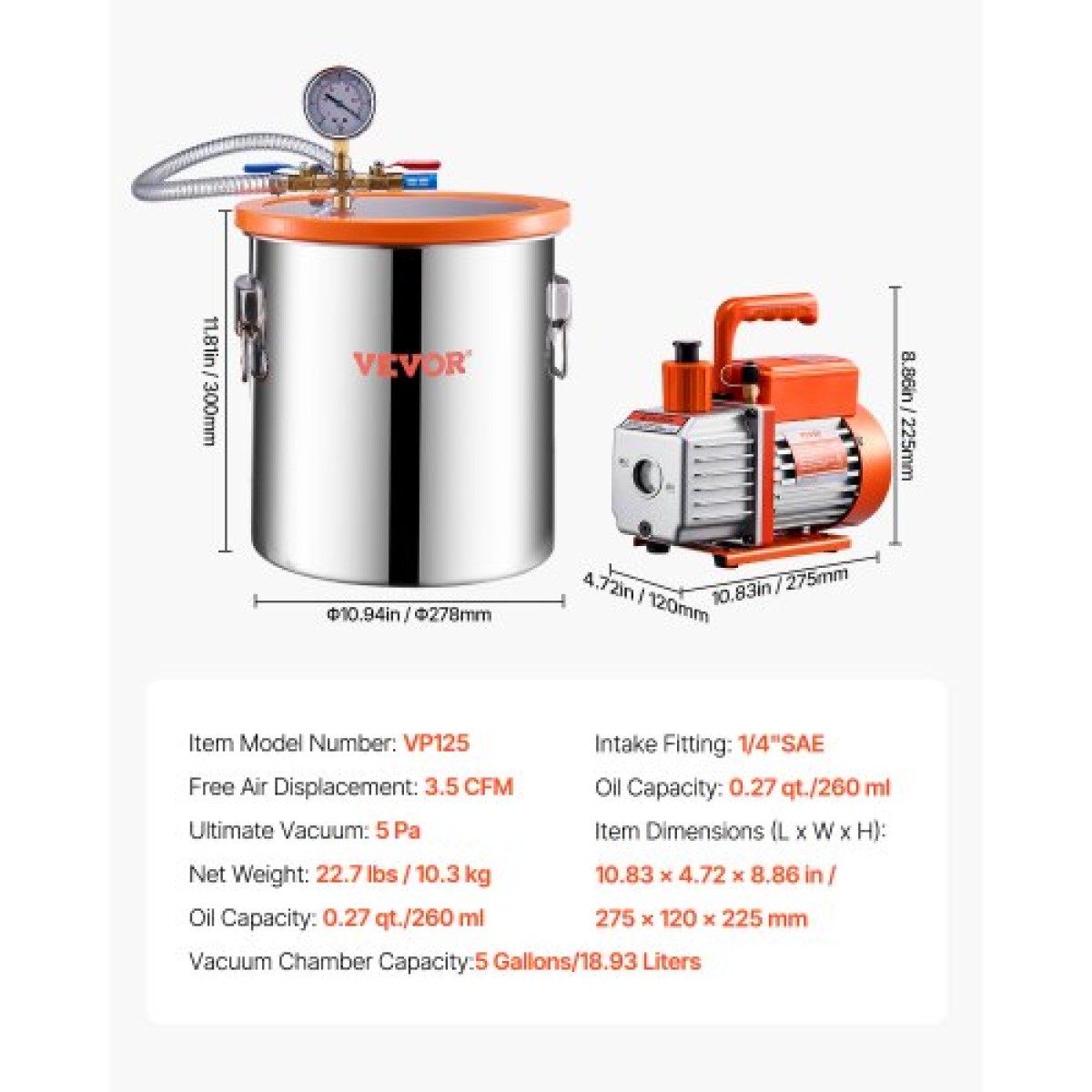 VEVOR 19 L(5 Gallon) Θάλαμος κενού και κιτ αντλίας 100 L/min (3,5 CFM), Θάλαμος από ανοξείδωτο χάλυβα, Κιτ θαλάμου απαέρωσης αντλίας κενού μονού σταδίου, με ακρυλικό καπάκι, λάδι, σωλήνας 1,5 m (4,92 πόδια), για Siliconessing Residence