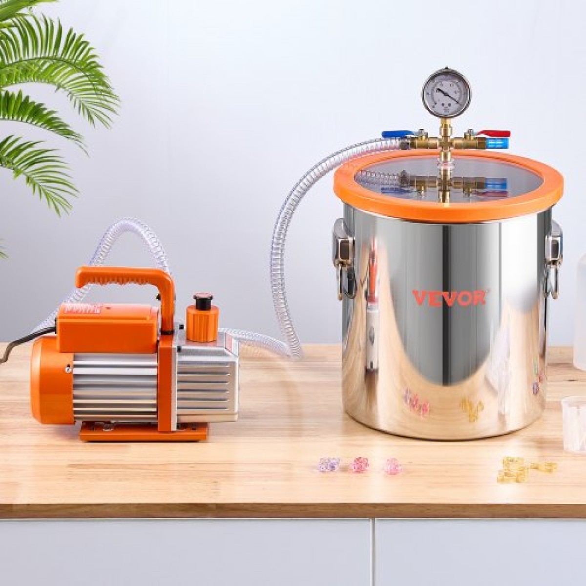 VEVOR 19 L(5 Gallon) Θάλαμος κενού και κιτ αντλίας 100 L/min (3,5 CFM), Θάλαμος από ανοξείδωτο χάλυβα, Κιτ θαλάμου απαέρωσης αντλίας κενού μονού σταδίου, με ακρυλικό καπάκι, λάδι, σωλήνας 1,5 m (4,92 πόδια), για Siliconessing Residence