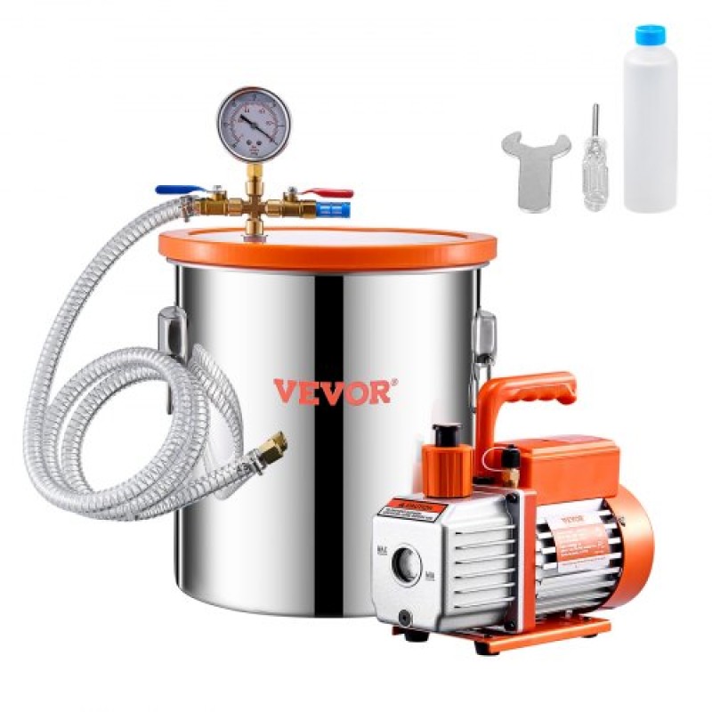 VEVOR 19 L(5 Gallon) Θάλαμος κενού και κιτ αντλίας 100 L/min (3,5 CFM), Θάλαμος από ανοξείδωτο χάλυβα, Κιτ θαλάμου απαέρωσης αντλίας κενού μονού σταδίου, με ακρυλικό καπάκι, λάδι, σωλήνας 1,5 m (4,92 πόδια), για Siliconessing Residence