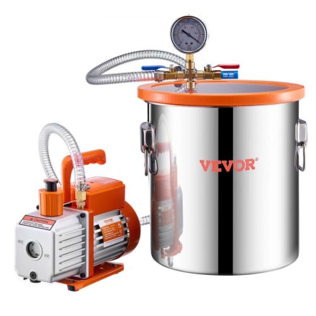 VEVOR 19 L(5 Gallon) Θάλαμος κενού και κιτ αντλίας 100 L/min (3,5 CFM), Θάλαμος από ανοξείδωτο χάλυβα, Κιτ θαλάμου απαέρωσης αντλίας κενού μονού σταδίου, με ακρυλικό καπάκι, λάδι, σωλήνας 1,5 m (4,92 πόδια), για Siliconessing Residence