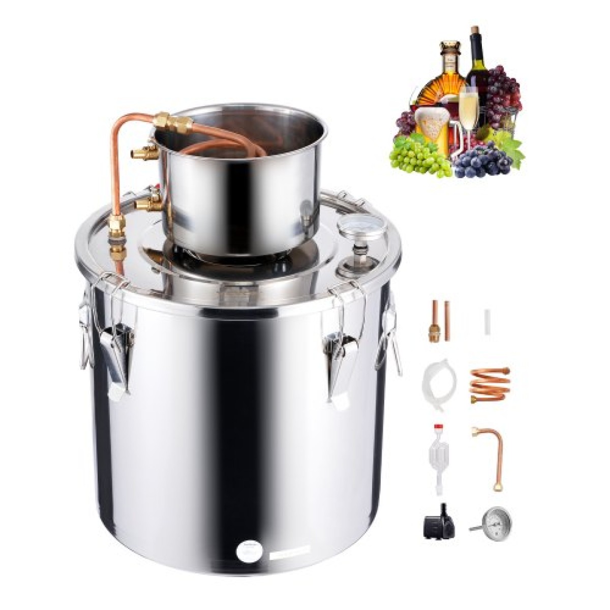 VEVOR Alcohol Still, 8 Gal / 30 L Stainless Steel Water Alcohol Distiller with Copper Coil, Home Brewing Refining Fermentation Kit with Thermometer & Pump, for Wine Whisky Brandy, Silver