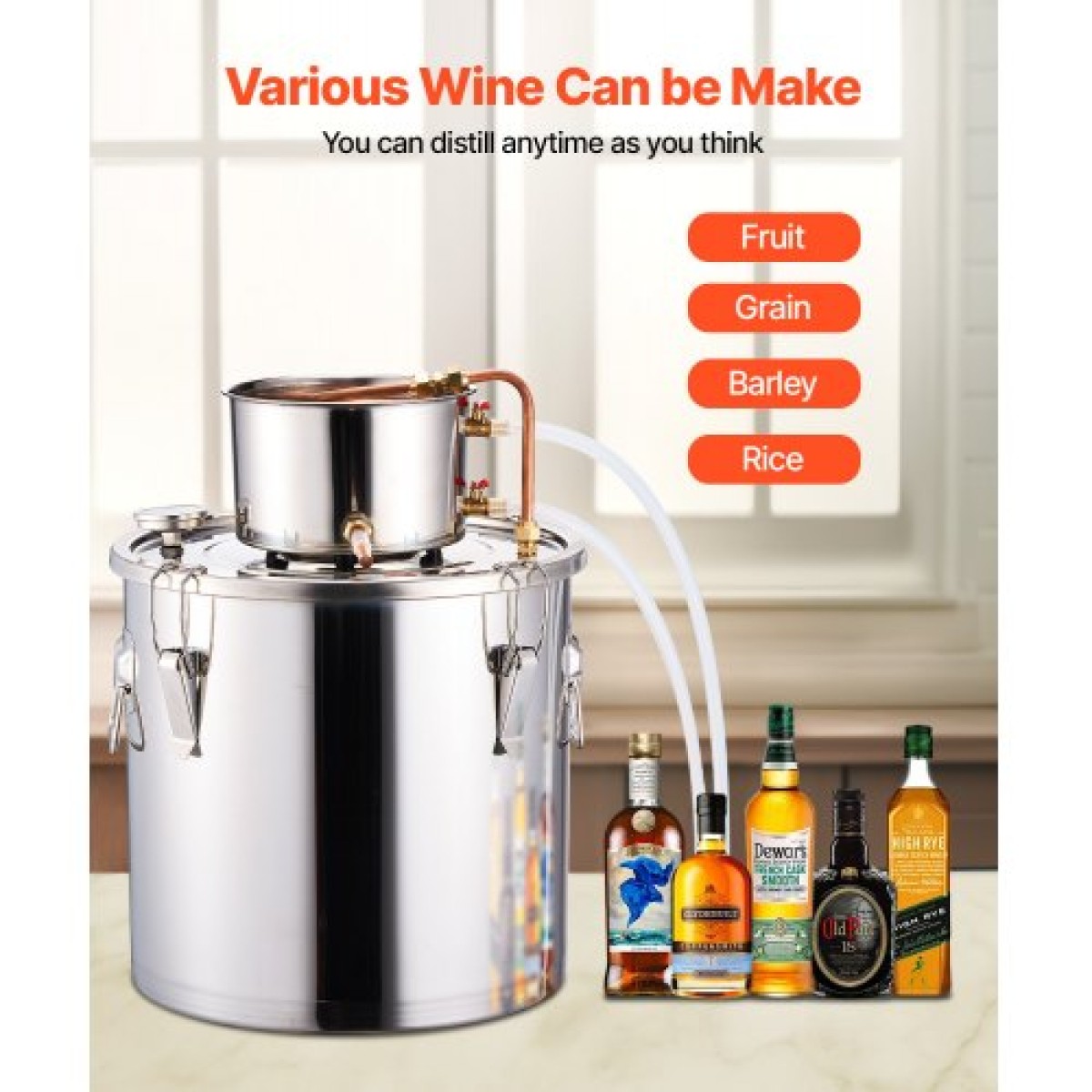 VEVOR Alcohol Still, 8 Gal / 30 L Stainless Steel Water Alcohol Distiller with Copper Coil, Home Brewing Refining Fermentation Kit with Thermometer & Pump, for Wine Whisky Brandy, Silver