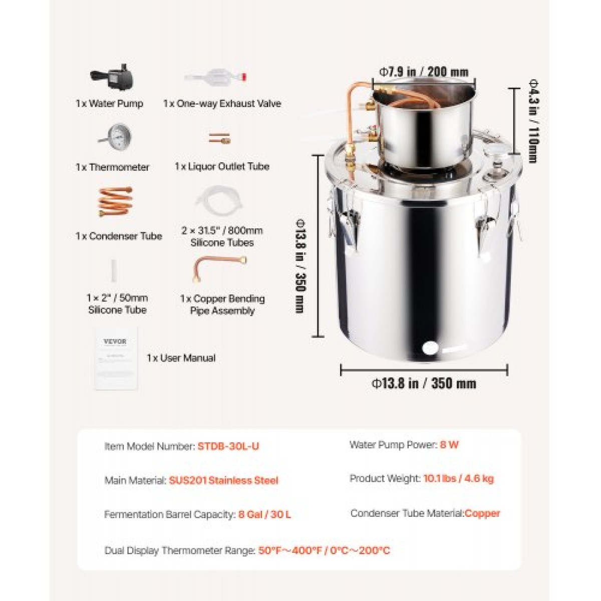 VEVOR Alcohol Still, 8 Gal / 30 L Stainless Steel Water Alcohol Distiller with Copper Coil, Home Brewing Refining Fermentation Kit with Thermometer & Pump, for Wine Whisky Brandy, Silver
