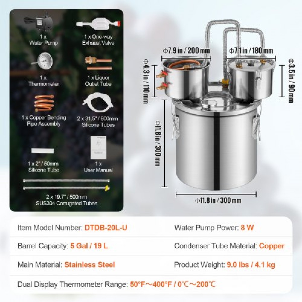 VEVOR Alcohol Still, 5 Gal / 19 L από ανοξείδωτο χάλυβα Νερού Οινοπνευματοποιός Αποστακτήρα με Χάλκινο Πηνίο για Γρήγορη Ψύξη, Κιτ Διπλού Συμπυκνωτή Αποστακτήρα με Δευτερεύουσα Απόσταξη, για Μπράντυ Ουίσκι Οίνου, Ασημί