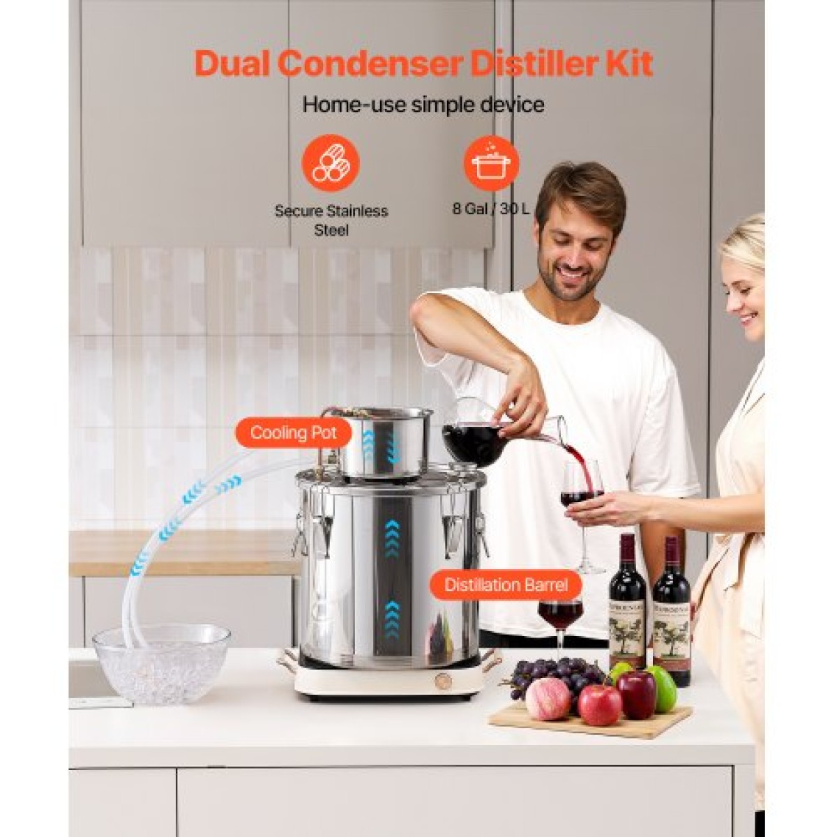 VEVOR Alcohol Still, 8 Gal / 30 L Stainless Steel Water Alcohol Distiller with Copper Coil, Home Brewing Refining Fermentation Kit with Thermometer, for Wine Whisky Brandy, Ασημί