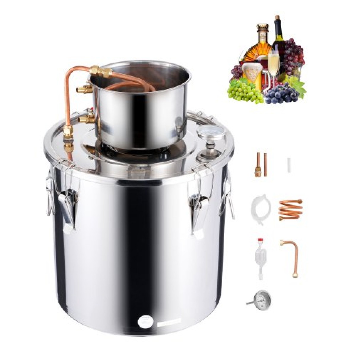 VEVOR Alcohol Still, 8 Gal / 30 L Stainless Steel Water Alcohol Distiller with Copper Coil, Home Brewing Refining Fermentation Kit with Thermometer, for Wine Whisky Brandy, Ασημί