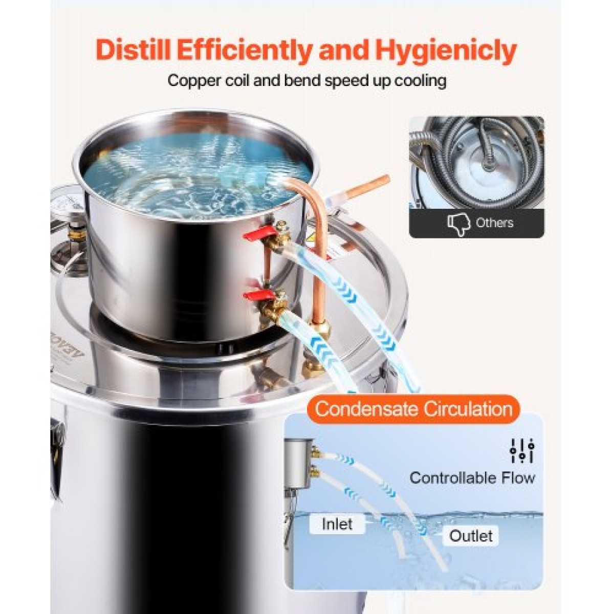 VEVOR Alcohol Still, 8 Gal / 30 L Stainless Steel Water Alcohol Distiller with Copper Coil, Home Brewing Refining Fermentation Kit with Thermometer, for Wine Whisky Brandy, Ασημί