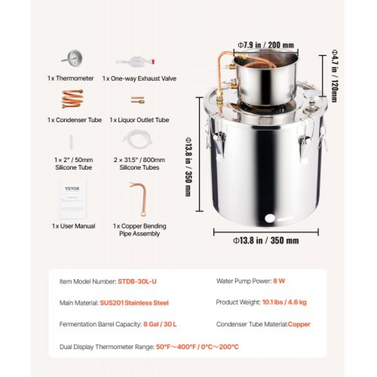 VEVOR Alcohol Still, 8 Gal / 30 L Stainless Steel Water Alcohol Distiller with Copper Coil, Home Brewing Refining Fermentation Kit with Thermometer, for Wine Whisky Brandy, Ασημί