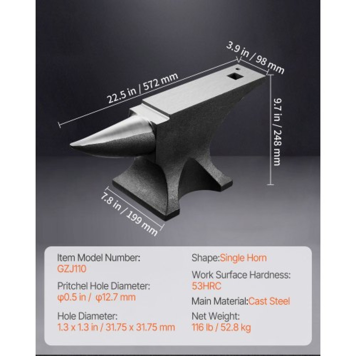Αμόνι VEVOR Single Horn, 110lbs χυτό αμόνι, ανθεκτικό στρογγυλό αμόνι υψηλής σκληρότητας για σιδηρουργούς, με μεγάλο πάγκο και σταθερή βάση, μεταλλικό εργαλείο εργασίας για κάμψη, διαμόρφωση, στρίψιμο μετάλλων