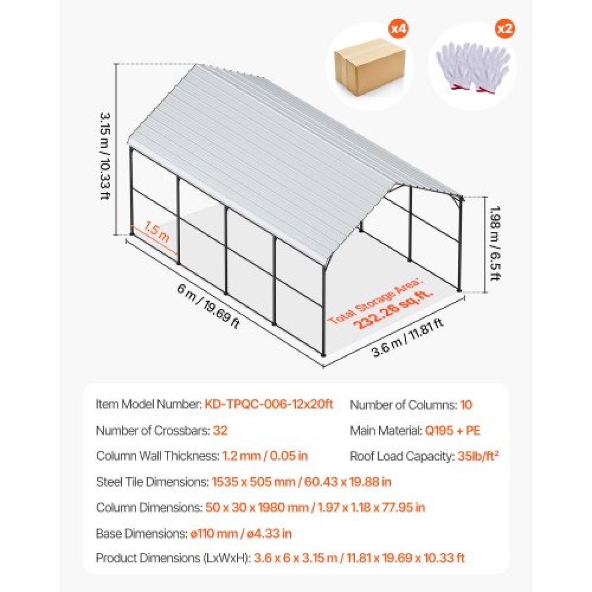 Μεταλλικό θάλαμο βαρέως τύπου VEVOR, 12' x 20' υπαίθριο θάλαμο αυτοκινήτου με πλαίσιο & οροφή από γαλβανισμένο χάλυβα, σκιά γκαράζ σκηνής αυτοκινήτου με αφαιρούμενα πλευρικά τοιχώματα, στέγαστρο αυτοκινήτου πολλαπλών χρήσεων για παραλαβή, σκ