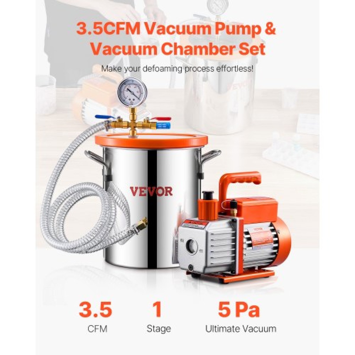 VEVOR 11 L(3 Gallon) Θάλαμος κενού και κιτ αντλίας 100 L/min (3,5 CFM), Θάλαμος από ανοξείδωτο χάλυβα, Κιτ θαλάμου απαέρωσης αντλίας κενού μονού σταδίου, με ακρυλικό καπάκι, λάδι, σωλήνας 1,5 m (4,92 πόδια), για Siliconessing Residence