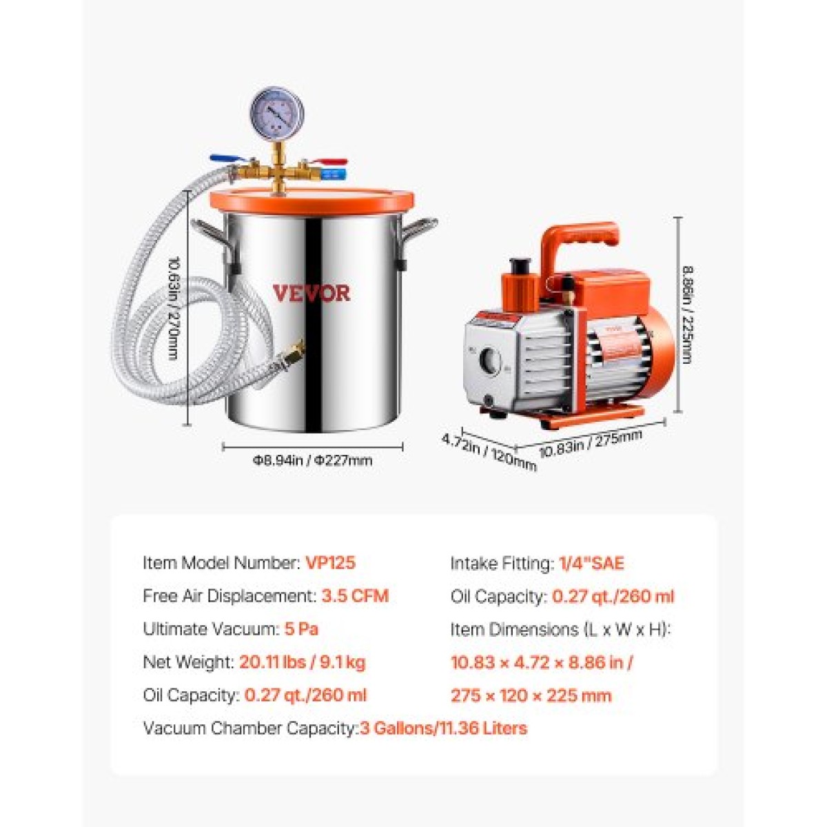 VEVOR 11 L(3 Gallon) Θάλαμος κενού και κιτ αντλίας 100 L/min (3,5 CFM), Θάλαμος από ανοξείδωτο χάλυβα, Κιτ θαλάμου απαέρωσης αντλίας κενού μονού σταδίου, με ακρυλικό καπάκι, λάδι, σωλήνας 1,5 m (4,92 πόδια), για Siliconessing Residence