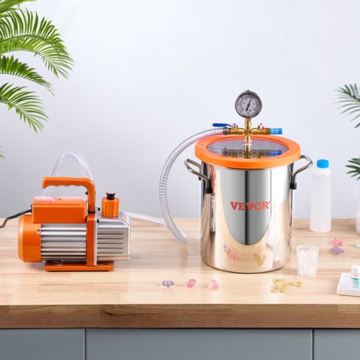 VEVOR 11 L(3 Gallon) Θάλαμος κενού και κιτ αντλίας 100 L/min (3,5 CFM), Θάλαμος από ανοξείδωτο χάλυβα, Κιτ θαλάμου απαέρωσης αντλίας κενού μονού σταδίου, με ακρυλικό καπάκι, λάδι, σωλήνας 1,5 m (4,92 πόδια), για Siliconessing Residence