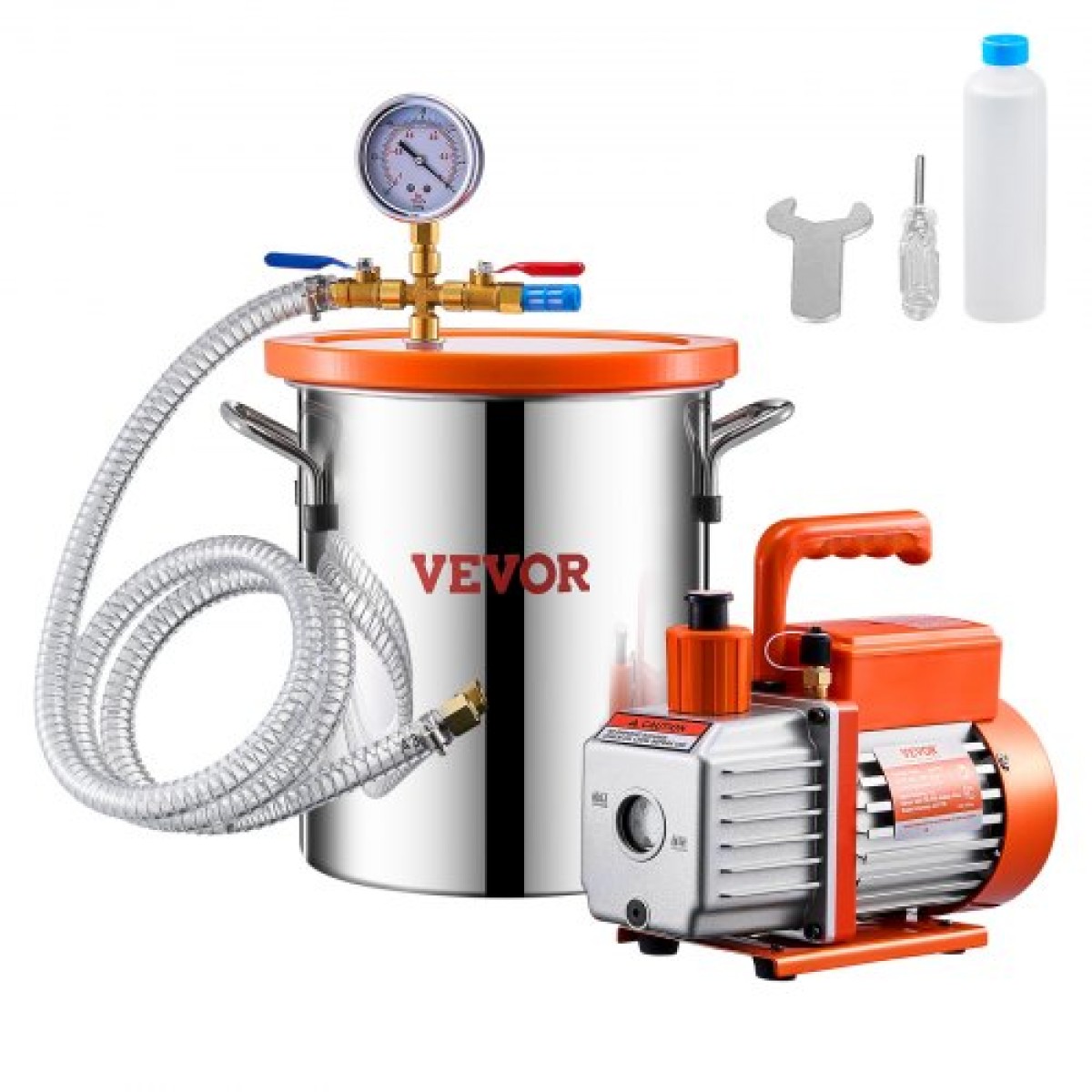 VEVOR 11 L(3 Gallon) Θάλαμος κενού και κιτ αντλίας 100 L/min (3,5 CFM), Θάλαμος από ανοξείδωτο χάλυβα, Κιτ θαλάμου απαέρωσης αντλίας κενού μονού σταδίου, με ακρυλικό καπάκι, λάδι, σωλήνας 1,5 m (4,92 πόδια), για Siliconessing Residence