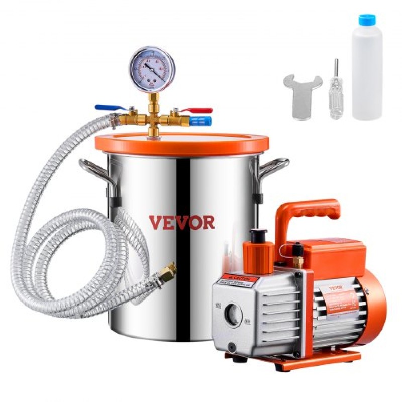 VEVOR 11 L(3 Gallon) Θάλαμος κενού και κιτ αντλίας 100 L/min (3,5 CFM), Θάλαμος από ανοξείδωτο χάλυβα, Κιτ θαλάμου απαέρωσης αντλίας κενού μονού σταδίου, με ακρυλικό καπάκι, λάδι, σωλήνας 1,5 m (4,92 πόδια), για Siliconessing Residence