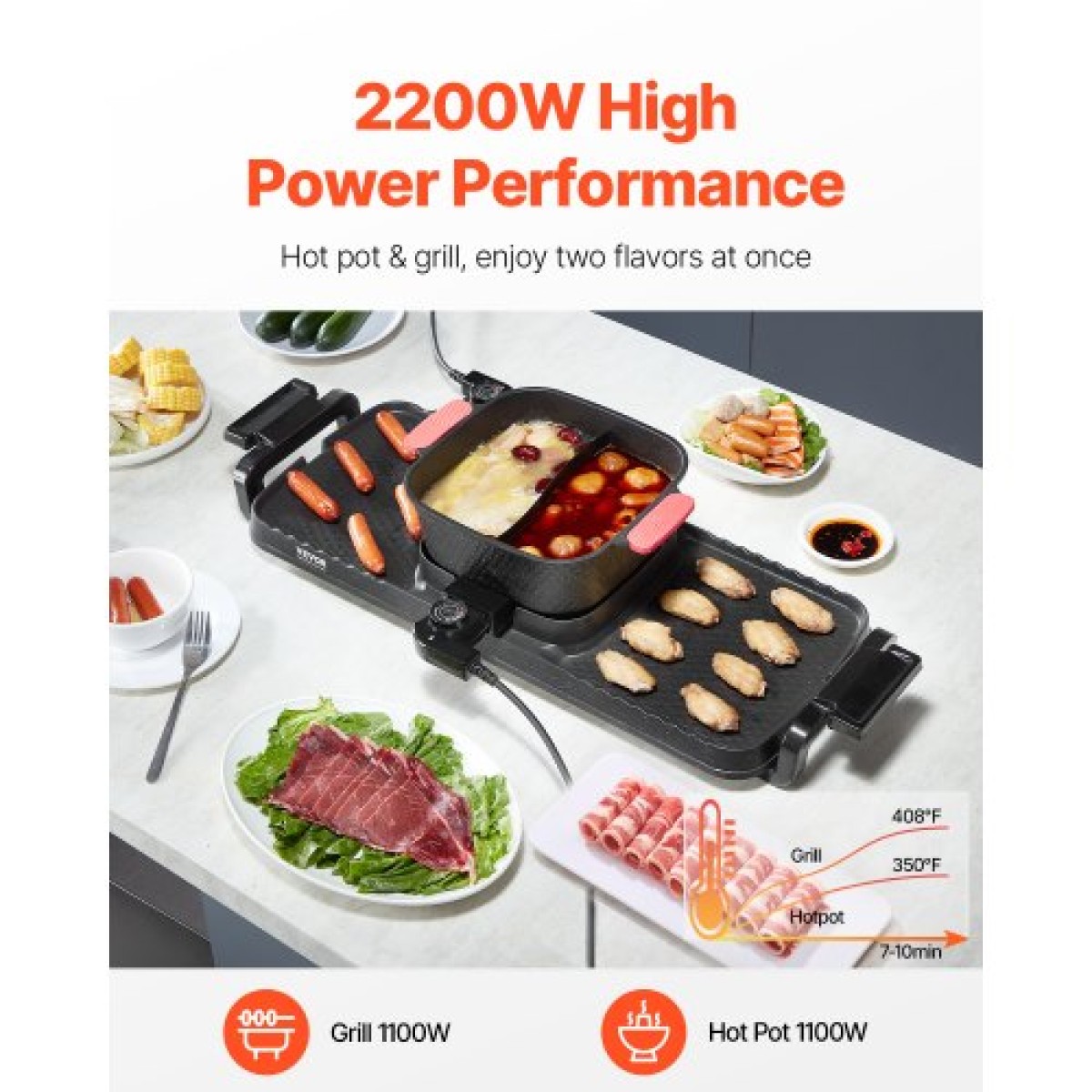 VEVOR Hot Pot with Grill, 2-in-1 Ηλεκτρικό Grill και Hot Pot 2-σε-1, Αποσπώμενο Hotpot Shabu-shabu με αντικολλητικό τηγάνι, Ξεχωριστός Διπλός Έλεγχος Θερμοκρασίας, Εσωτερικό Κορεατικό BBQ για 1-6 άτομα
