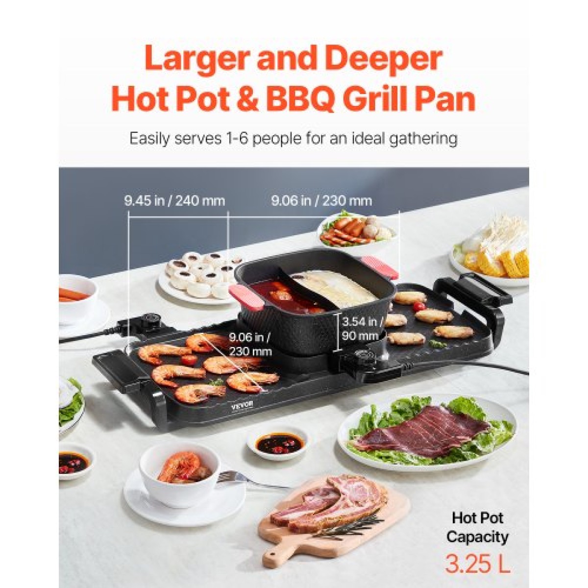 VEVOR Hot Pot with Grill, 2-in-1 Ηλεκτρικό Grill και Hot Pot 2-σε-1, Αποσπώμενο Hotpot Shabu-shabu με αντικολλητικό τηγάνι, Ξεχωριστός Διπλός Έλεγχος Θερμοκρασίας, Εσωτερικό Κορεατικό BBQ για 1-6 άτομα