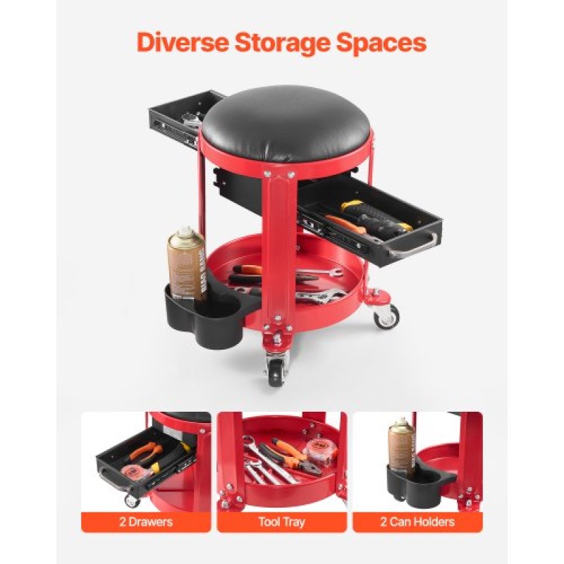 VEVOR Rolling Mechanic Stool με ρόδες, Χωρητικότητα 300 lbs Κάθισμα γκαράζ/Σκαμπί εργασίας, Επενδυμένο Roller Creeper Seat με σταθερό ύψος, δίσκος εργαλείων και 2 συρτάρια, για γκαράζ, κατάστημα & επισκευή αυτοκινήτων, κόκκινο+μαύρο