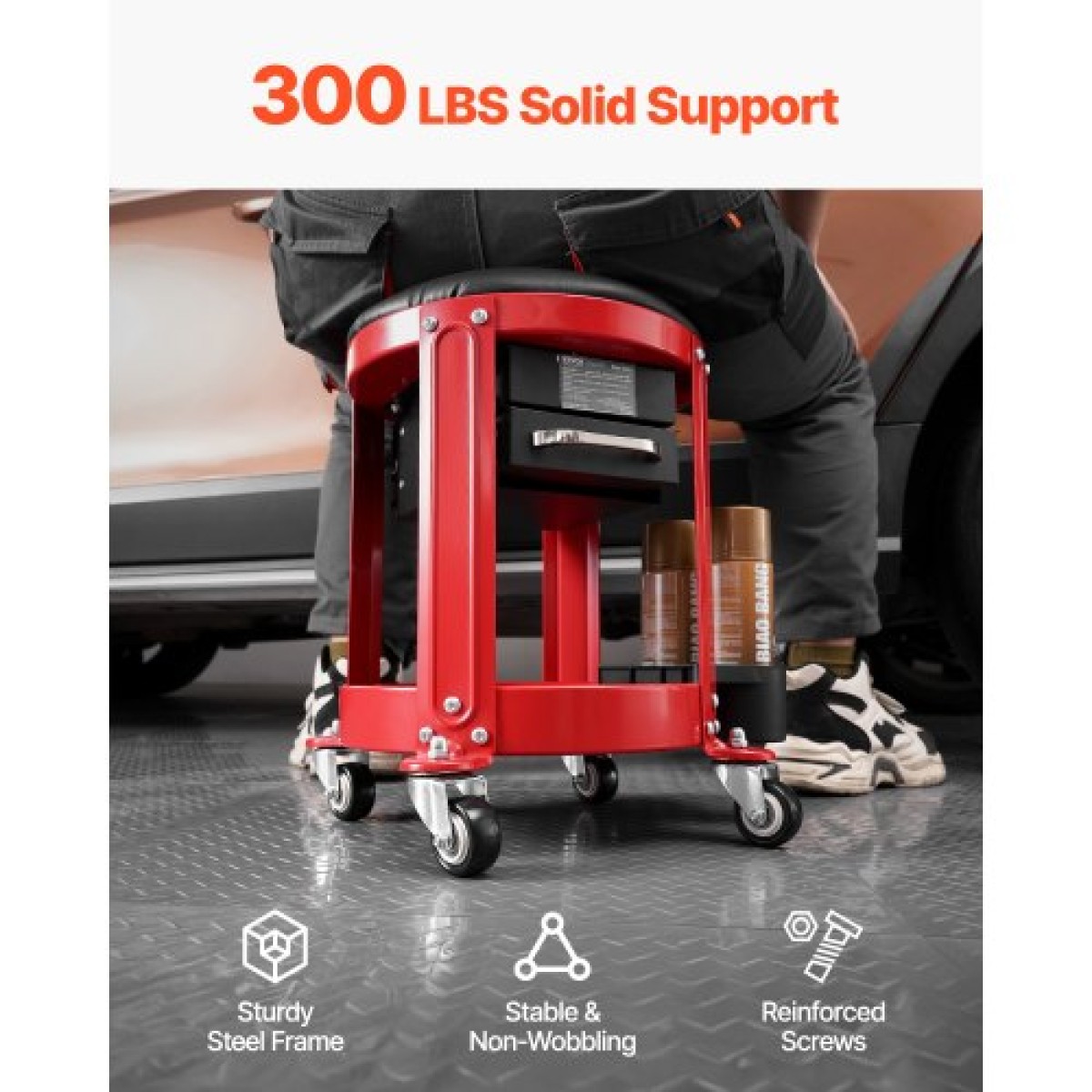 VEVOR Rolling Mechanic Stool με ρόδες, Χωρητικότητα 300 lbs Κάθισμα γκαράζ/Σκαμπί εργασίας, Επενδυμένο Roller Creeper Seat με σταθερό ύψος, δίσκος εργαλείων και 2 συρτάρια, για γκαράζ, κατάστημα & επισκευή αυτοκινήτων, κόκκινο+μαύρο
