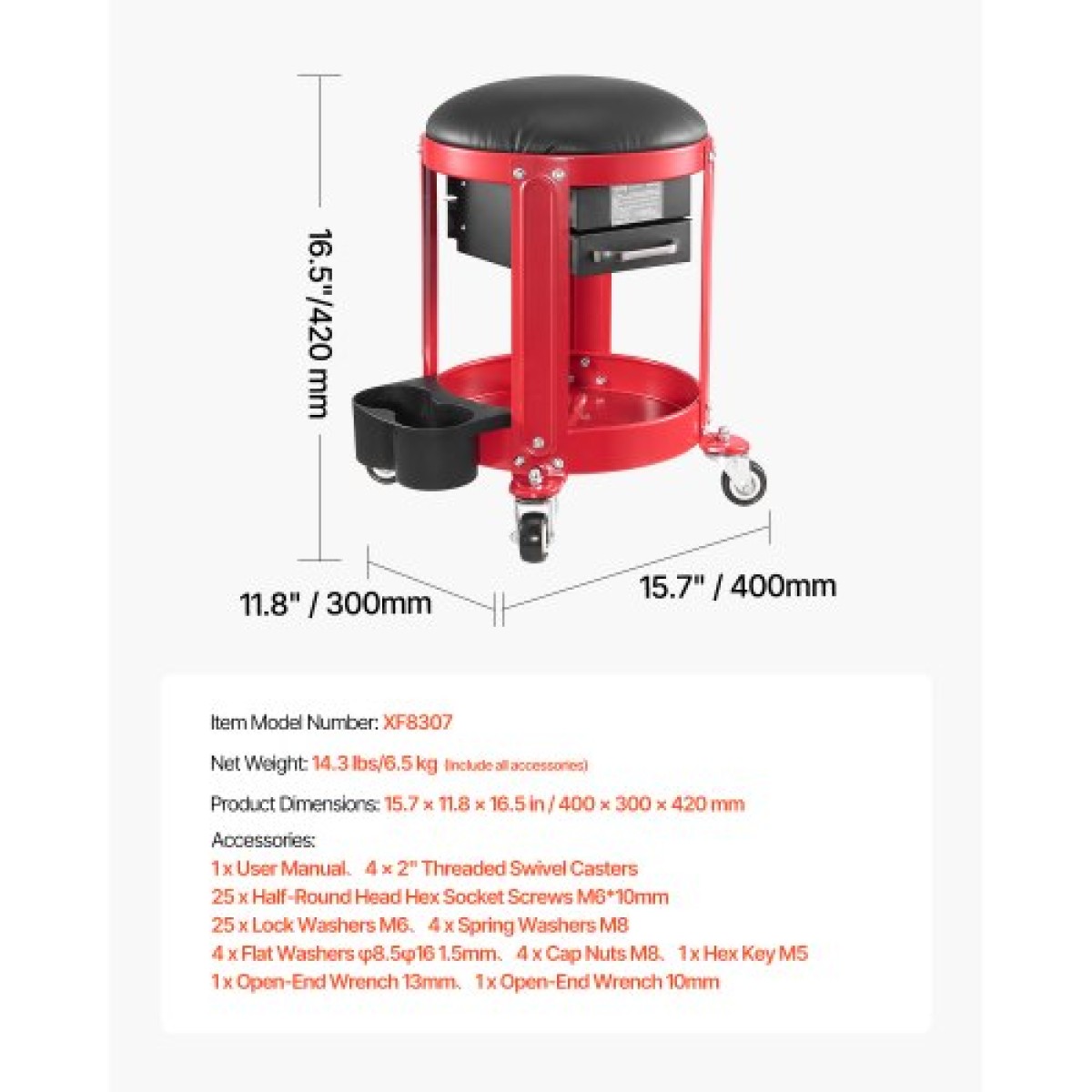 VEVOR Rolling Mechanic Stool με ρόδες, Χωρητικότητα 300 lbs Κάθισμα γκαράζ/Σκαμπί εργασίας, Επενδυμένο Roller Creeper Seat με σταθερό ύψος, δίσκος εργαλείων και 2 συρτάρια, για γκαράζ, κατάστημα & επισκευή αυτοκινήτων, κόκκινο+μαύρο