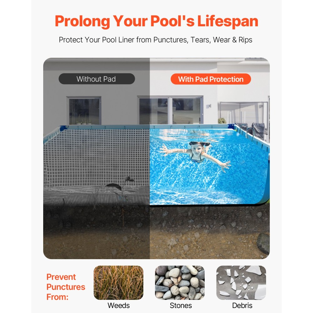 VEVOR Rectangle Pool Liner Pad, 16 x 32 ft Pool Liner Pad για πισίνες πάνω από το έδαφος, εξαιρετικά παχύ στρώμα πισίνας, αποτρέπει τα τρυπήματα, ανακυκλωμένο υλικό γεωυφάσματος για υποστρώματα, παράταση ζωής της επένδυσης