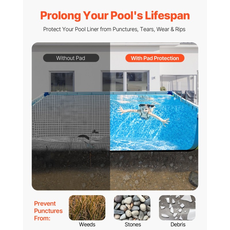 VEVOR Rectangle Pool Liner Pad, 16 x 32 ft Pool Liner Pad για πισίνες πάνω από το έδαφος, εξαιρετικά παχύ στρώμα πισίνας, αποτρέπει τα τρυπήματα, ανακυκλωμένο υλικό γεωυφάσματος για υποστρώματα, παράταση ζωής της επένδυσης