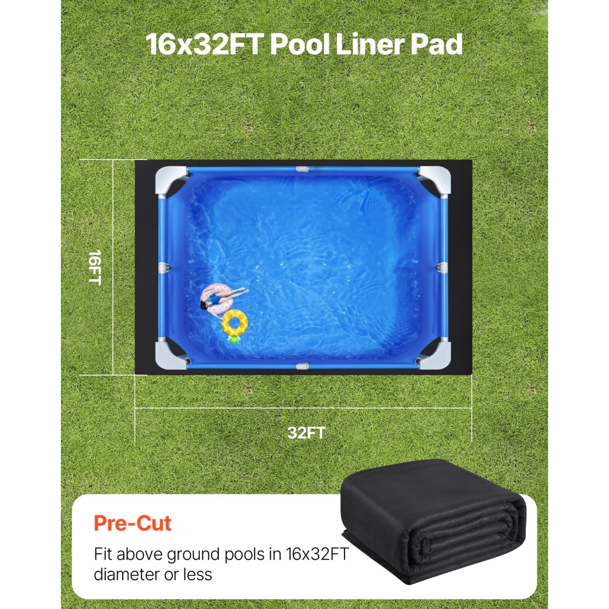 VEVOR Rectangle Pool Liner Pad, 16 x 32 ft Pool Liner Pad για πισίνες πάνω από το έδαφος, εξαιρετικά παχύ στρώμα πισίνας, αποτρέπει τα τρυπήματα, ανακυκλωμένο υλικό γεωυφάσματος για υποστρώματα, παράταση ζωής της επένδυσης