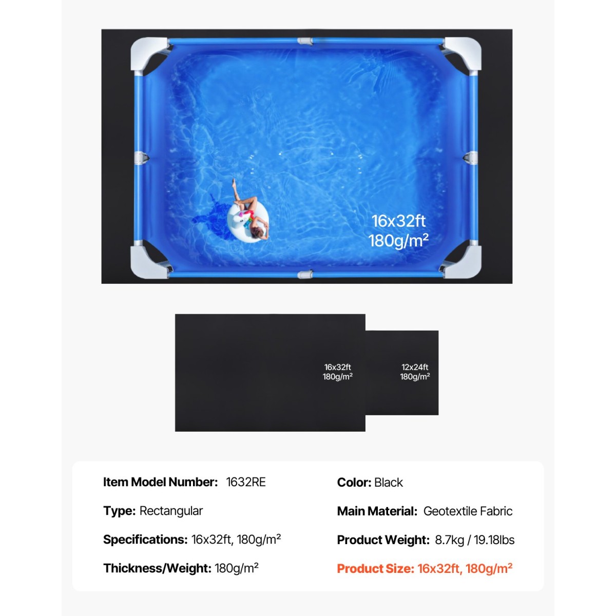 VEVOR Rectangle Pool Liner Pad, 16 x 32 ft Pool Liner Pad για πισίνες πάνω από το έδαφος, εξαιρετικά παχύ στρώμα πισίνας, αποτρέπει τα τρυπήματα, ανακυκλωμένο υλικό γεωυφάσματος για υποστρώματα, παράταση ζωής της επένδυσης