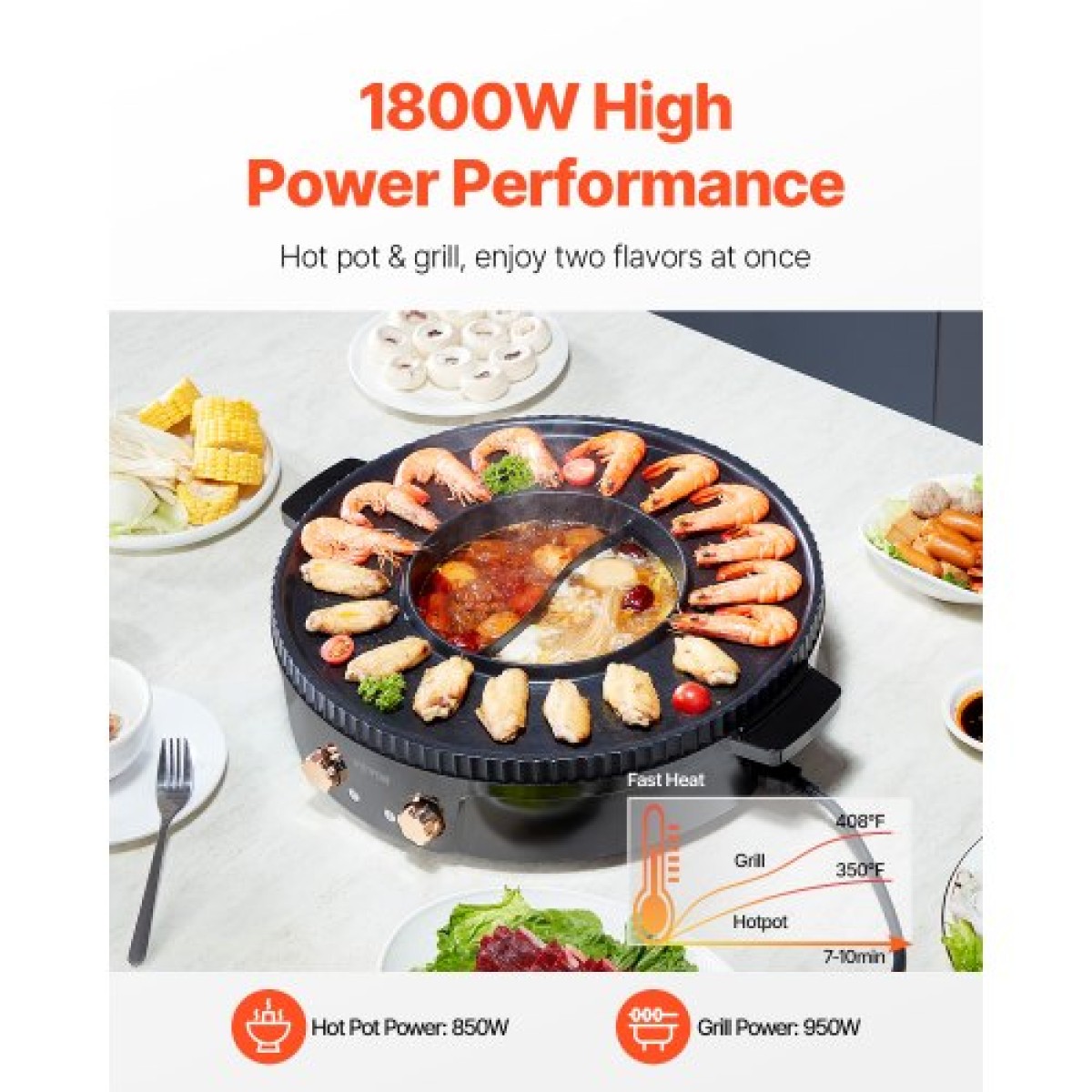 VEVOR Hot Pot with Grill, 1800W 2-in-1 Electric Smokeless Grill and Hot Pot, Κορεατικό BBQ Shabu Shabu Hotpot με ξεχωριστό διπλό έλεγχο θερμοκρασίας, αντικολλητικό τηγάνι, για 2-8 άτομα Οικογενειακή τραπεζαρία