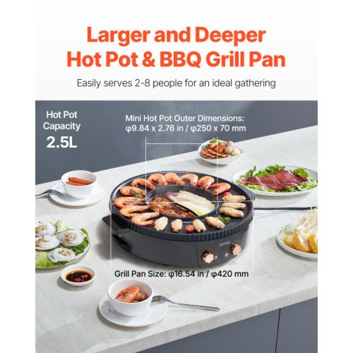 VEVOR Hot Pot with Grill, 1800W 2-in-1 Electric Smokeless Grill and Hot Pot, Κορεατικό BBQ Shabu Shabu Hotpot με ξεχωριστό διπλό έλεγχο θερμοκρασίας, αντικολλητικό τηγάνι, για 2-8 άτομα Οικογενειακή τραπεζαρία