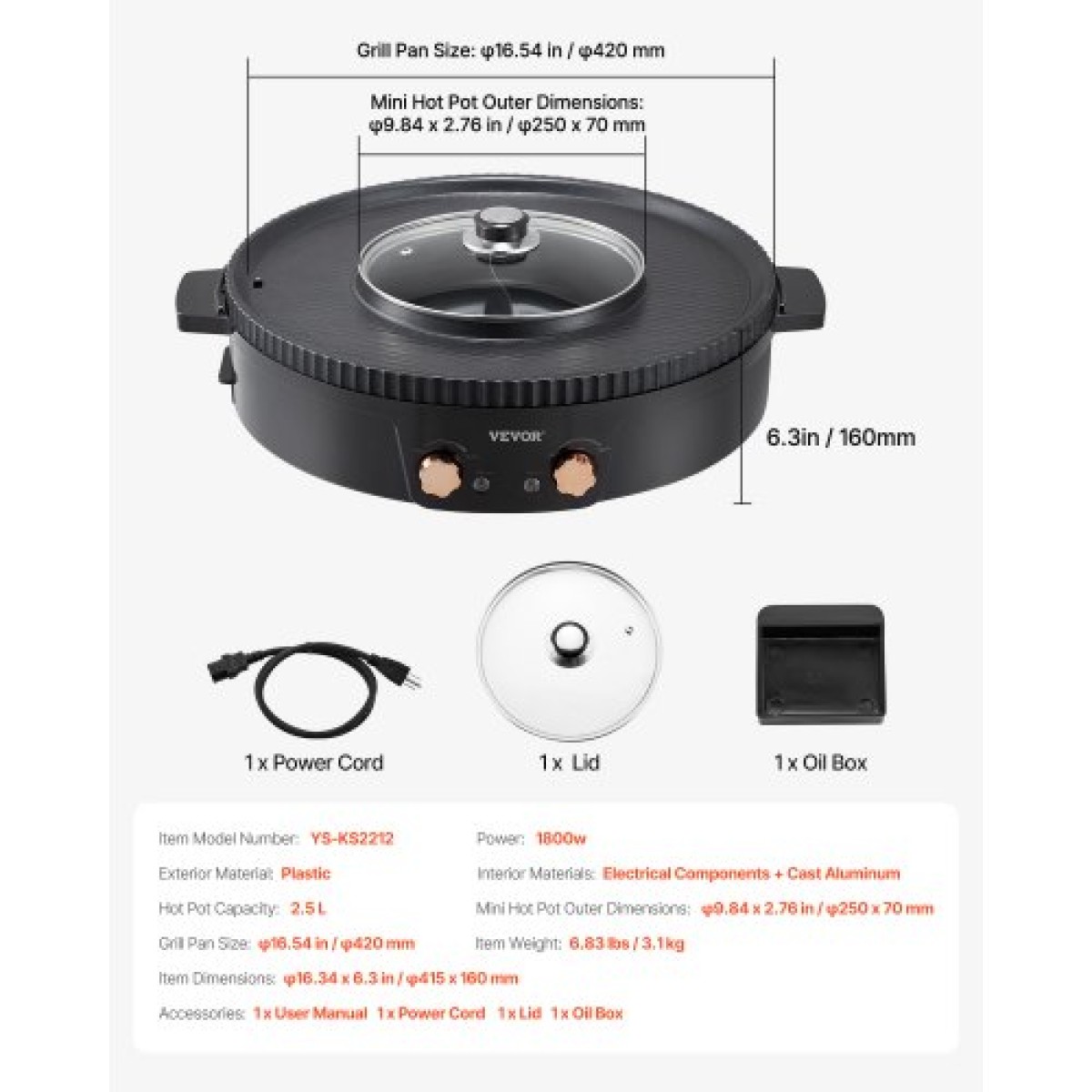 VEVOR Hot Pot with Grill, 1800W 2-in-1 Electric Smokeless Grill and Hot Pot, Κορεατικό BBQ Shabu Shabu Hotpot με ξεχωριστό διπλό έλεγχο θερμοκρασίας, αντικολλητικό τηγάνι, για 2-8 άτομα Οικογενειακή τραπεζαρία