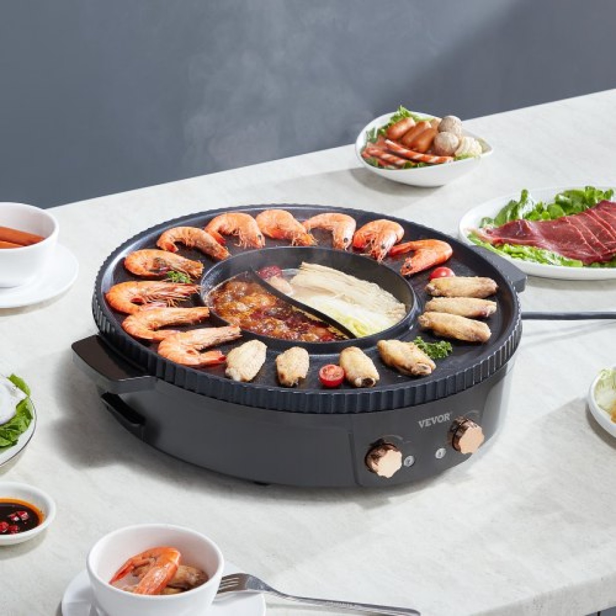 VEVOR Hot Pot with Grill, 1800W 2-in-1 Electric Smokeless Grill and Hot Pot, Κορεατικό BBQ Shabu Shabu Hotpot με ξεχωριστό διπλό έλεγχο θερμοκρασίας, αντικολλητικό τηγάνι, για 2-8 άτομα Οικογενειακή τραπεζαρία